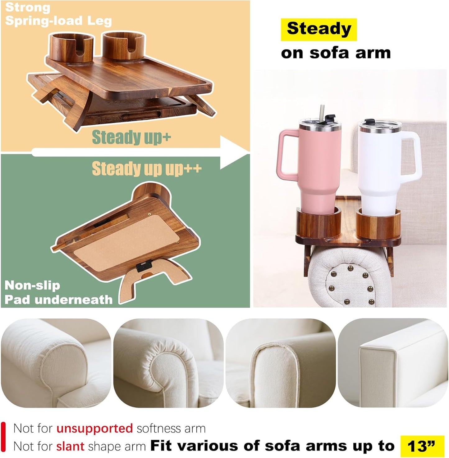 Nnewvante Couch Cup Holder Tray, 3 in 1 Large 15.36"x9.85" Acacia Wood Sofa Arm Clip on Tray Table with 360°Rotated Phone Holder on Armrest