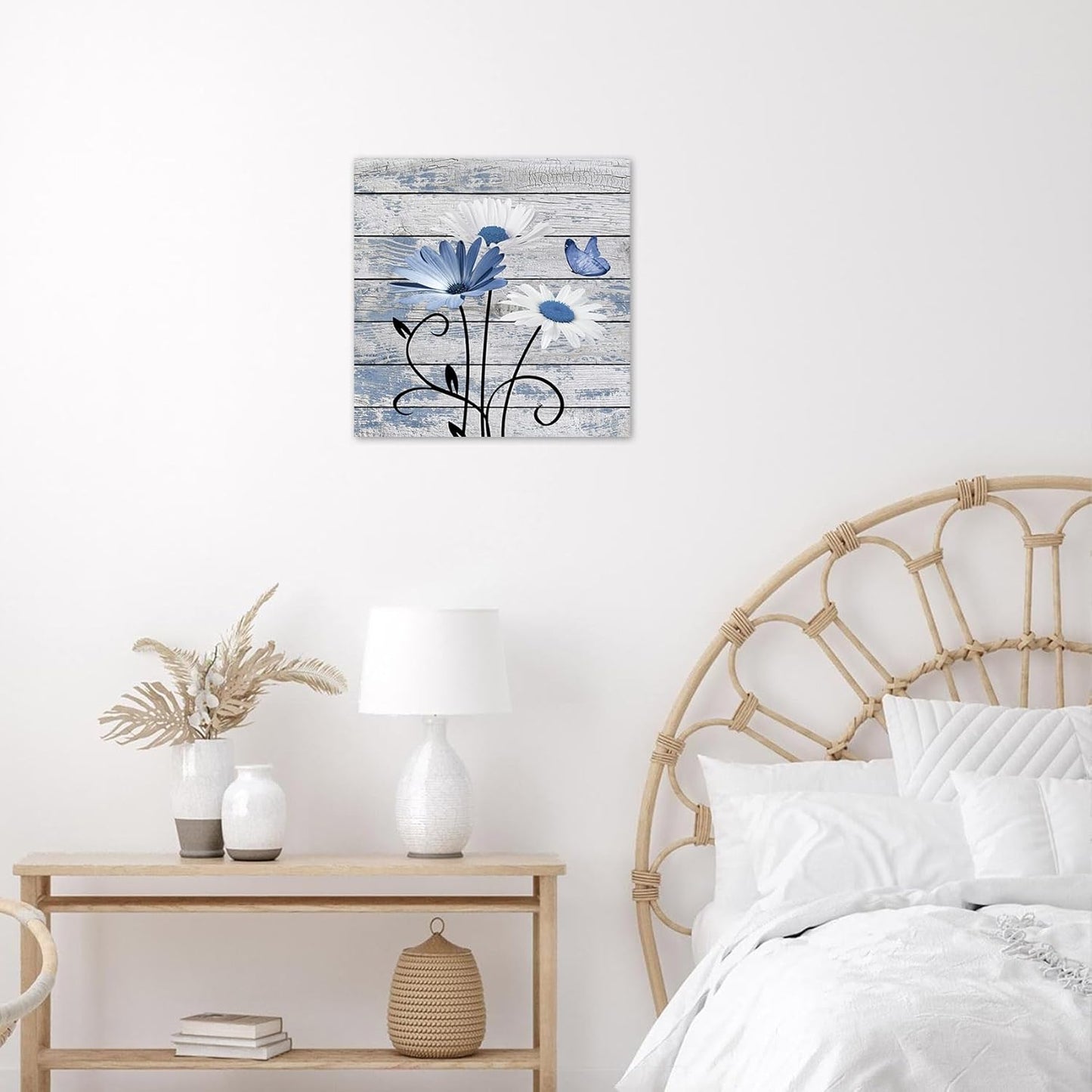 HVEST Farmhouse Floral Wall Art for Living Room, Blue and White Daisy Flower and Butterfly on Rustic Wood Board Canvas Wall Art Framed Artwork Ready to Hang for Bathroom Bedroom Decor, 16L X 12W