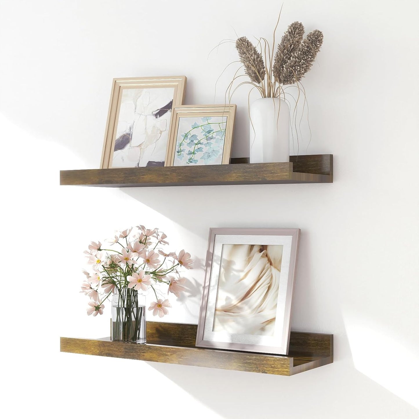 White Floating Shelves for Wall Decor, Wall Mounted Wood Storage Shelf for Bedroom, Living Room, Bathroom, Kitchen, Nursery, Display Picture Ledge Shelf with Lip Set of 2-14 Inches, White