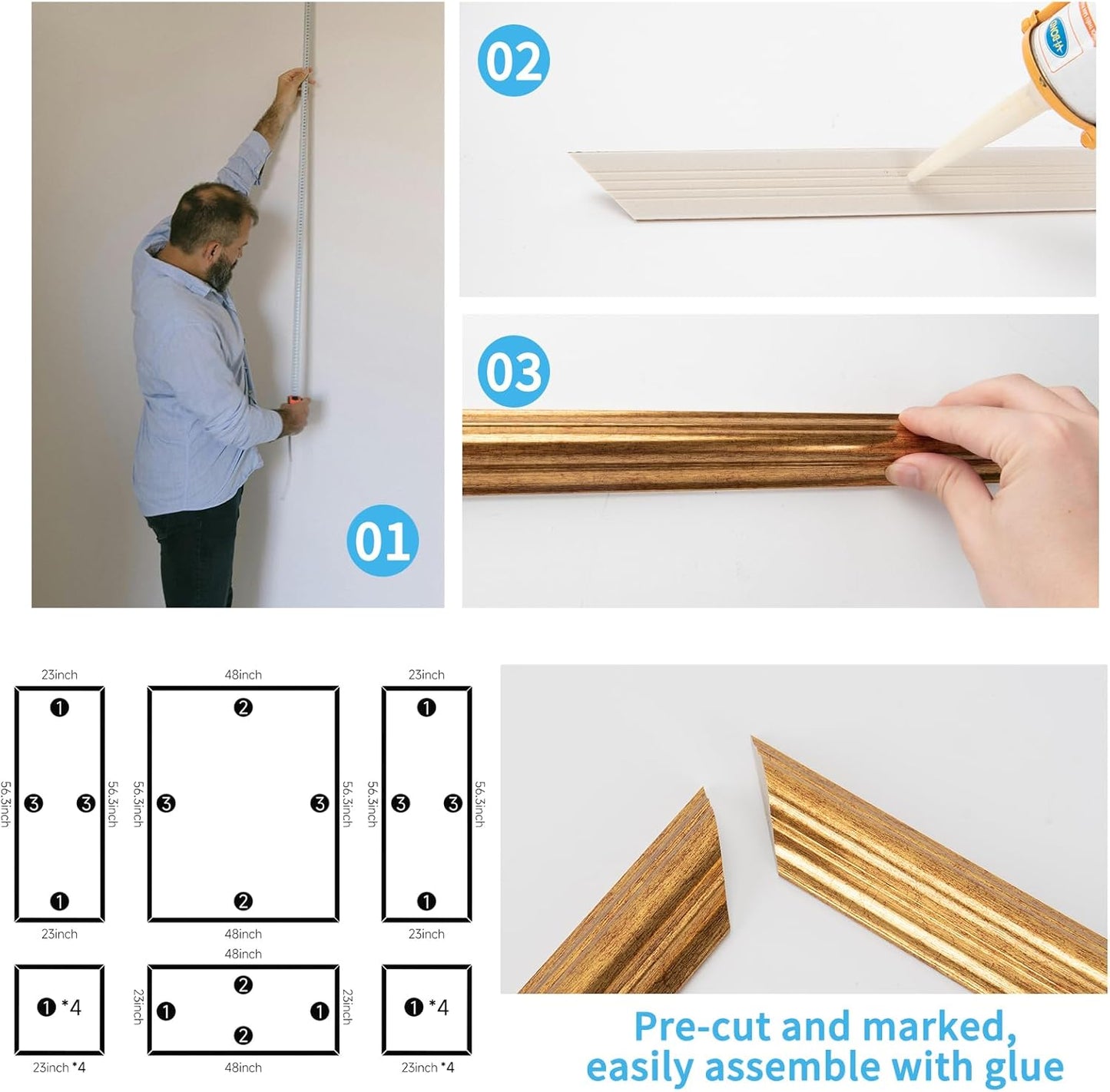 Art3d Pre-Cut Wall Molding Set of 6 pcs, Ready-to-Assemble Wainscoting Panels for Interior Wall Décor Living Room Bedroom Accent Wall - Installed with Glue, 3 Top 3 Bottom