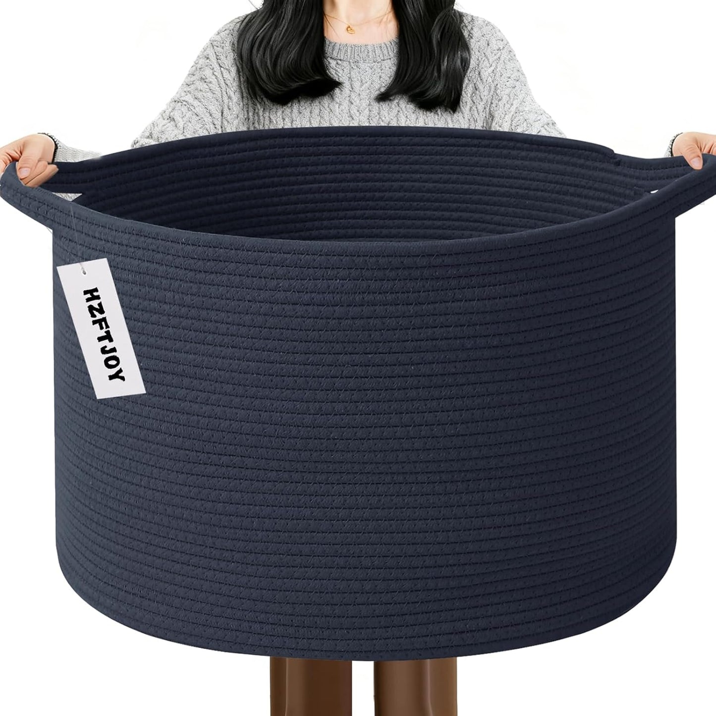 Large Woven Blanket Basket,65L Cotton Rope Laundry Basket Hamper with Handles, Decorative Nursery Basket Storage Bin for Toys, Clothes Organizer, Living Room, Bedroom, Bathroom, White & Brown