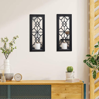 Wood Wall Sconce Candle Holder Set 2, Rustic Wall-Mount Candle Holders, Farmhouse Hanging Wall Décor, Carved Wood Frame, Mirrored Candle Holder (Distressed White)