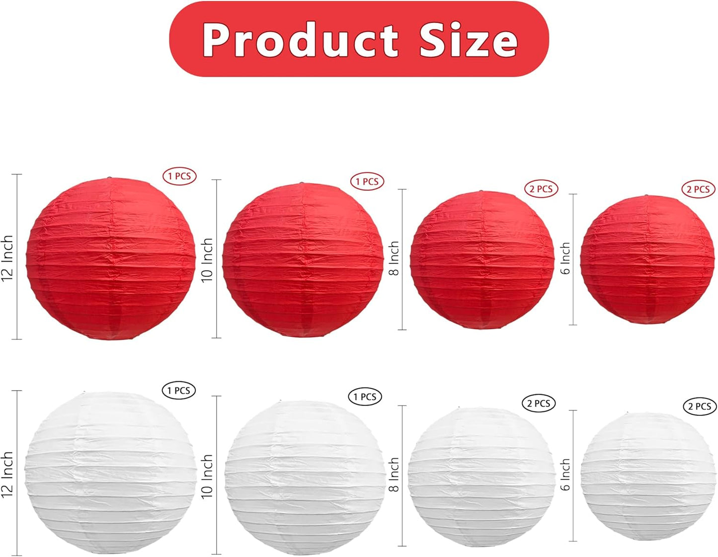 BEISHIDA 10Pcs White Paper Lanterns Decorative Chinese/Japanese Hanging Round Paper Lanterns Lamp for Birthday, Wedding, Christmas, Bridal, Home Decor, Party Decoration(Size of 4”, 6”, 8”, 10”)