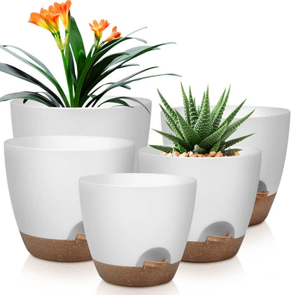 QRRICA Plant Pots 10/9/8/7.5/7 Inch Self Watering Pots, Set of 5 Plastic Planters with Drainage Holes and Saucers,Plastic Flower Pots,Nursery Planting Pot for Indoor Out Door Plants（Green）