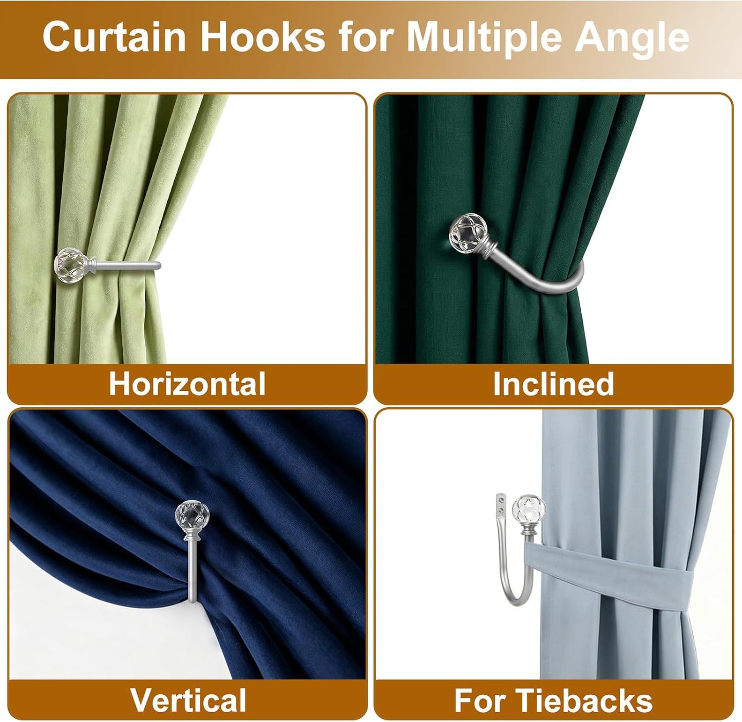 KAMANINA Curtain Holdbacks 2pcs, Gold Curtain Tiebacks, Window Curtains Hooks for Wall, Decorative Holders for Drapes with Crystal Finials(5.4" L × 4.1" W)