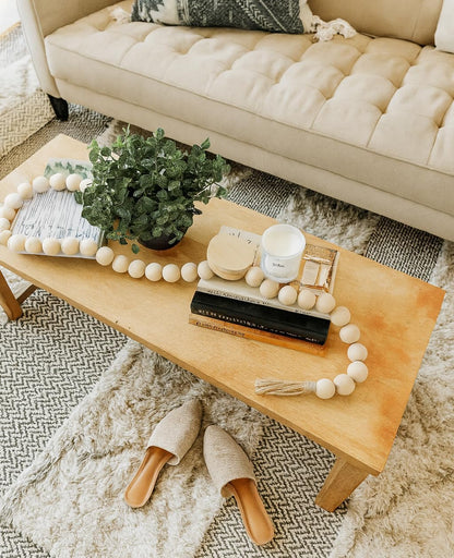 AceList 72" Large Wood Bead Garland with Tassels - Chunky Boho Farmhouse Decor for Coffee Table, Mantel & Entertainment Center - Natural Prayer Beads & Coastal Tray Styling (1.5 Inch Big Beads)