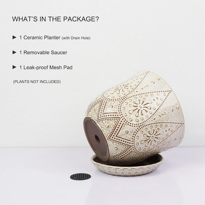 Gepege 6 Inch Beaded Ceramic Planter Set of 2 with Drainage Hole and Saucer for Plants, Indoor-Outdoor Large Round Succulent Orchid Flower Pot (Smoked Gray, Inner-pots not Larger Than 5 Inch)