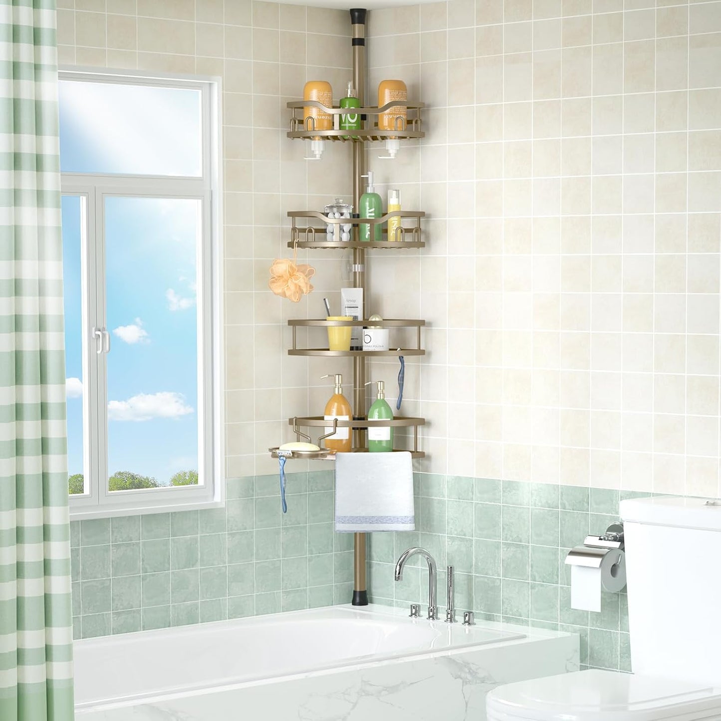 HAMITOR Corner Shower Caddy Tension Pole: Rustproof 4-Tier Bathroom Organizer Shelves for Bathtub Shampoo Storage - 47-121 Inch Quick Install Adjustable Rod Standing Rack with Soap Rack - Silver Gray