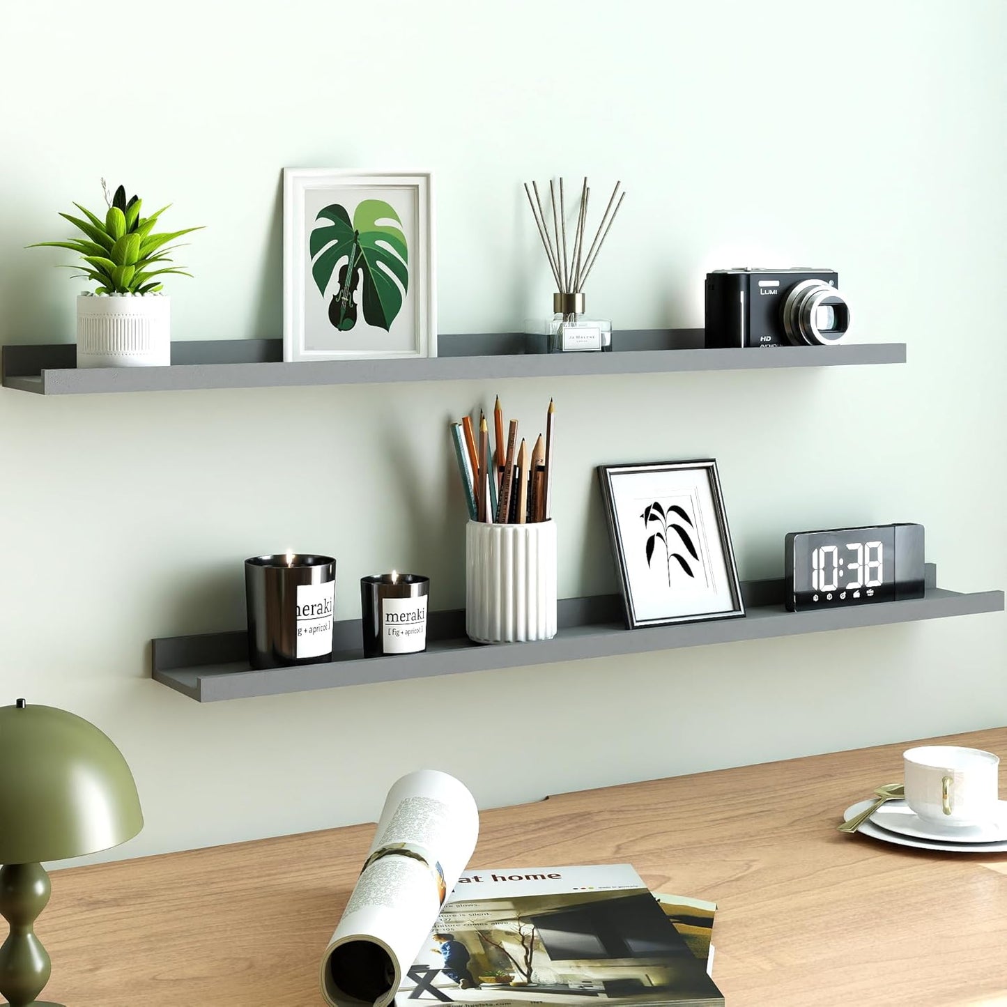 White Floating Shelves for Wall Decor, Wall Mounted Wood Storage Shelf for Bedroom, Living Room, Bathroom, Kitchen, Nursery, Display Picture Ledge Shelf with Lip Set of 2-14 Inches, White