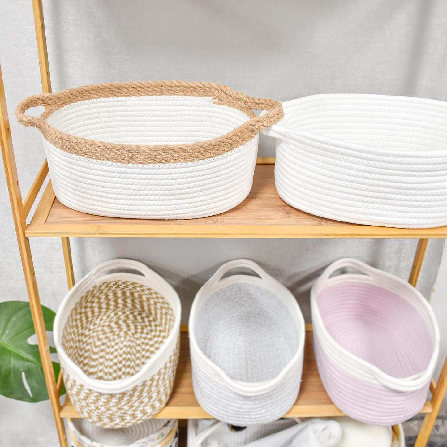 ABenkle Small Basket with Handles, Boho Decorative Rope Woven Dog Cat Toy Storage Bin Shelf Storage Organizer, Easter Christmas Gift Basket, 12"x8"x5", White