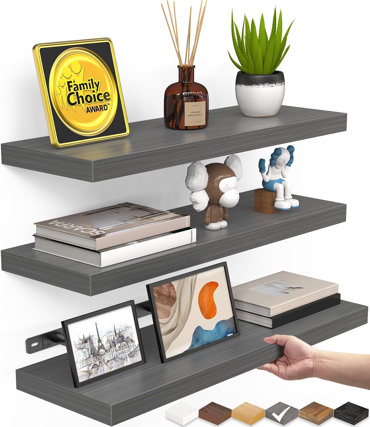 BAYKA Floating Shelves for Wall, Set of 3, Wall Mounted Rustic Wood Shelves for Bathroom, Bedroom, Living Room, Kitchen, Small Hanging Shelf for Books/Storage/Room Decor, Walnut-Like, 15.7in