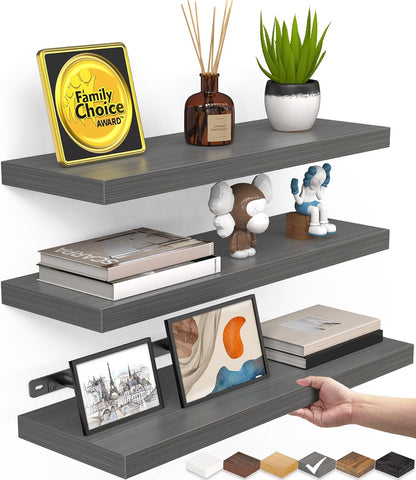 BAYKA Floating Shelves for Wall, Set of 3, Wall Mounted Rustic Wood Shelves for Bathroom, Bedroom, Living Room, Kitchen, Small Hanging Shelf for Books/Storage/Room Decor, Walnut-Like, 15.7in