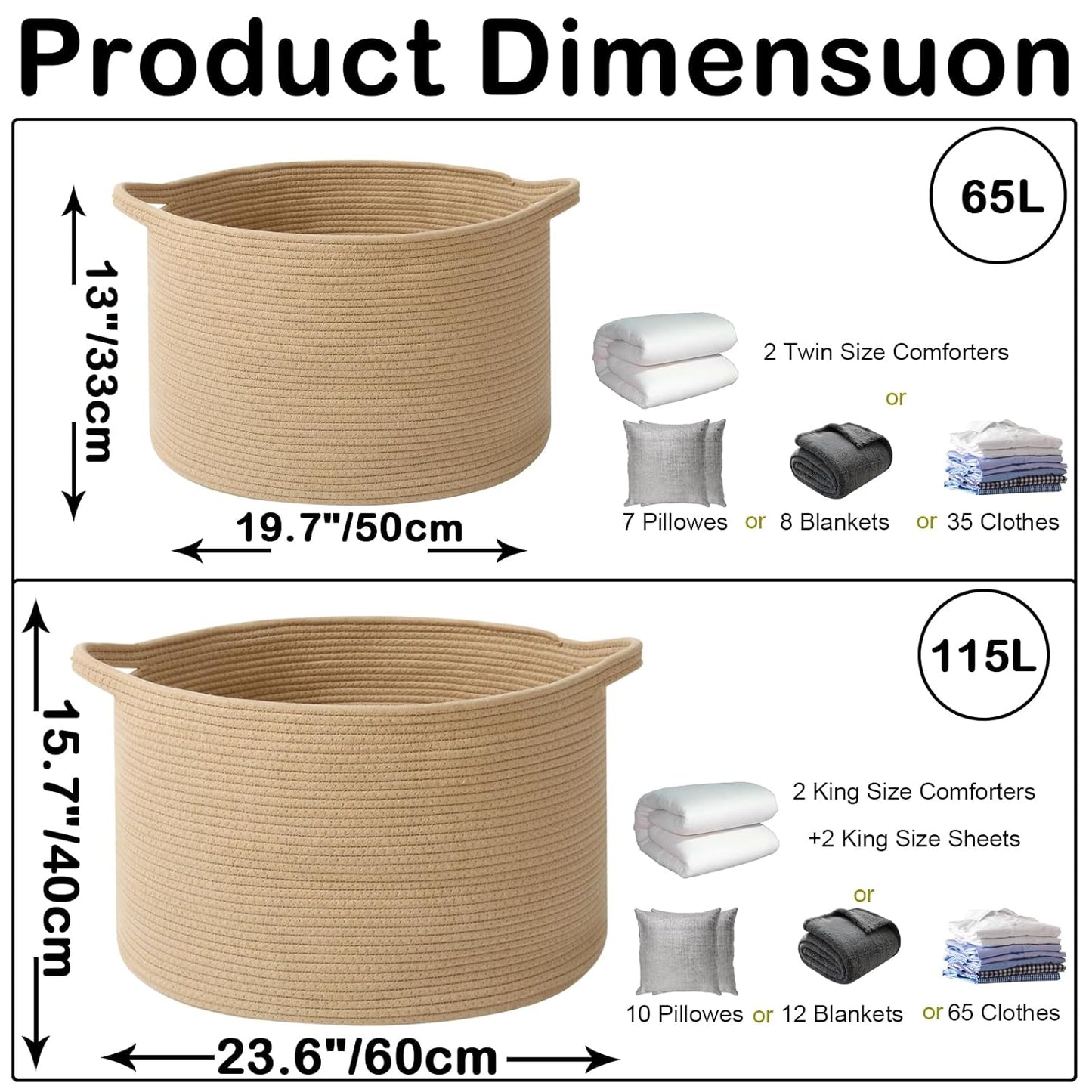 Large Woven Blanket Basket,65L Cotton Rope Laundry Basket Hamper with Handles, Decorative Nursery Basket Storage Bin for Toys, Clothes Organizer, Living Room, Bedroom, Bathroom, White & Brown