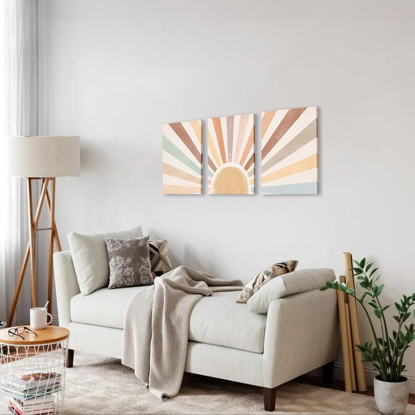 Sage Green Boho Wall Art Set of 3, Minimalist Framed Wall Art Geometric Line Leaf Sun Moon Beige Green Canvas Artwork Paintings, Abstract Botanical Boho Room Decor, Office, 12"x16"