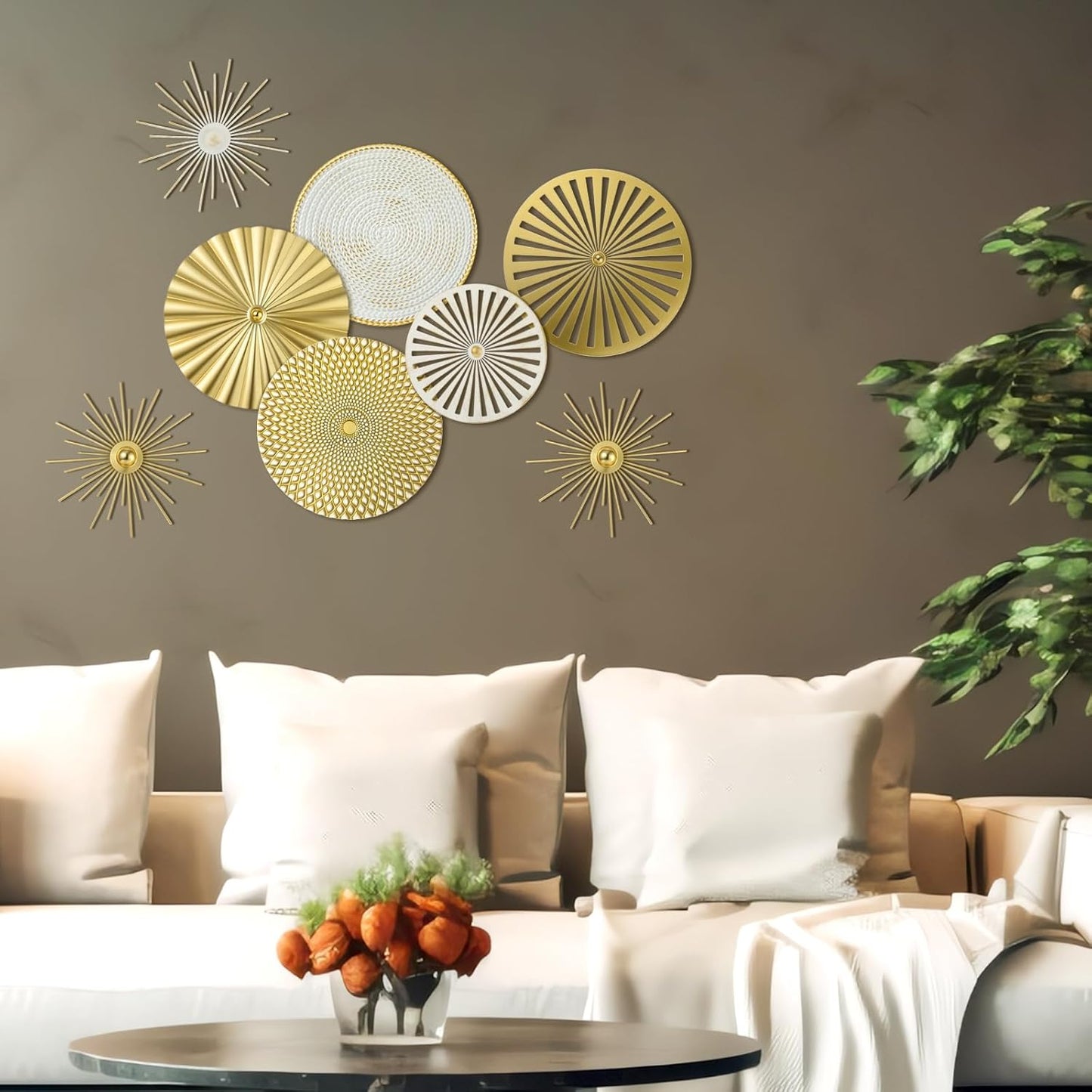 8 Pcs Gold Wall Decor Modern Metal Decor Metal Starbursts Radial Plate Art Hanging Decorative Wall Decorations for Home Bedroom Bathroom Living Room Office Sculpture(Gold)