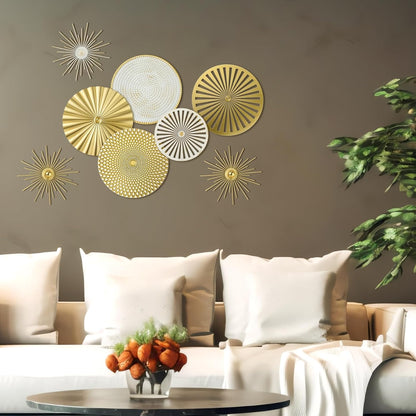 8 Pcs Gold Wall Decor Modern Metal Decor Metal Starbursts Radial Plate Art Hanging Decorative Wall Decorations for Home Bedroom Bathroom Living Room Office Sculpture(Gold)