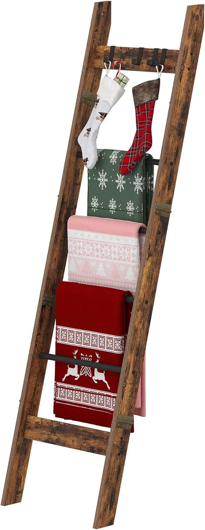 Hzuaneri Blanket Ladder for Living Room, Decorative Quilt Rack with 4 Removable Hooks, 5-Tier Farmhouse Ladder Holder Shelf Organizer for Bedroom, Rustic Brown and Black 02101BBR