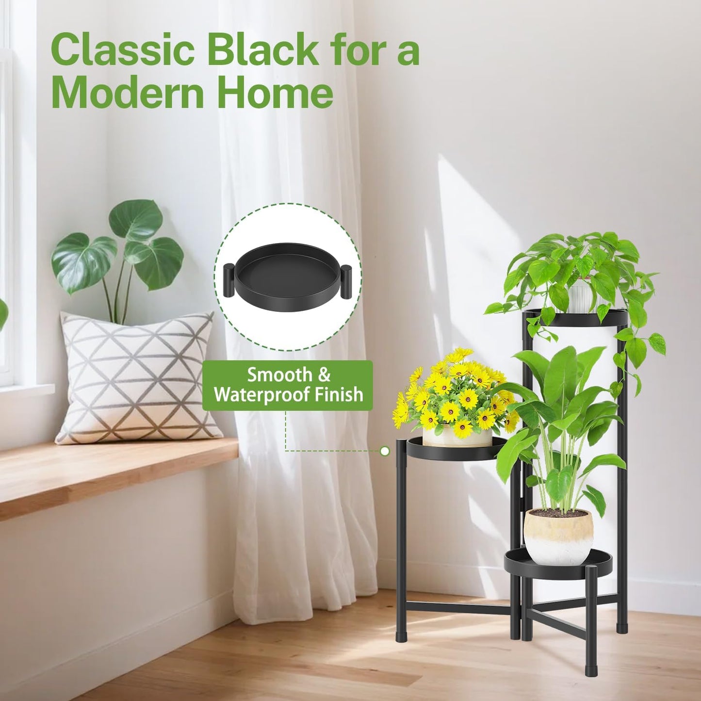 iDavosic.ly Plant Stand Indoor Outdoor, 5 Tier Corner Metal Flower Display Holder Shelf, Folding Tall Orchid Rack for Patio Balcony Porch Garden Living Room House, Black