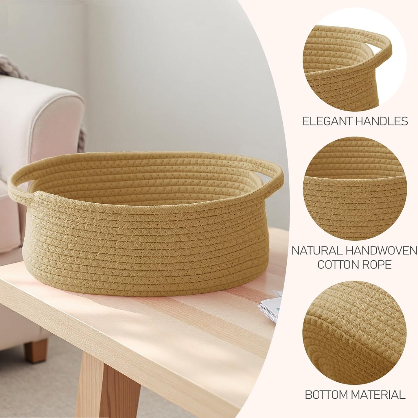 JMvicyroam Woven Basket,Small Rope Storage Bin with Handles & Ribbon Bag, Organizer for Shelves Closets,Gift Basket Empty for Birthday,Books,Dog Toys,White