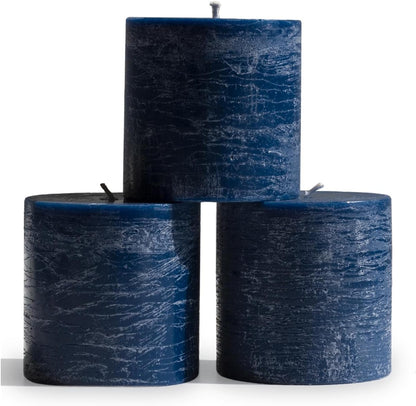 CANDWAX 3x4 inch Pillar Candles Set of 3 – Unscented Dripless Rustic Dark Blue Candles for Room Decor, Weddings, Centerpieces