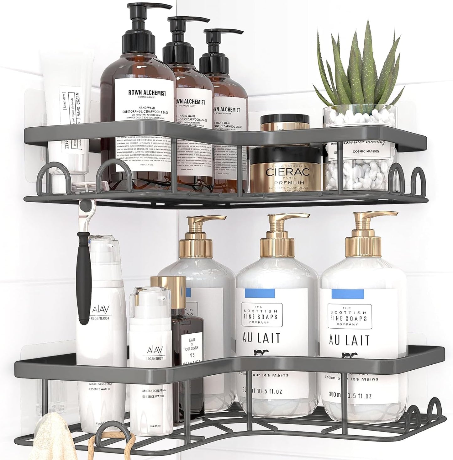 Sakugi Corner Shower Caddy - 2 Pack, Adhesive Shower Organizers, Rustproof Stainless Steel Shower Shelves with 8 Hooks, No Drilling Bathroom Organizers and Storage Racks, Space-Saving, Black, Medium