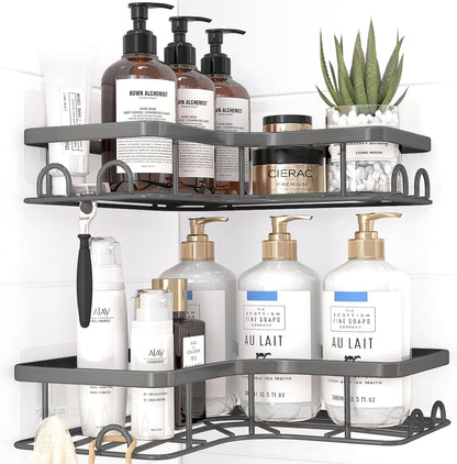 Sakugi Corner Shower Caddy - 2 Pack, Adhesive Shower Organizers, Rustproof Stainless Steel Shower Shelves with 8 Hooks, No Drilling Bathroom Organizers and Storage Racks, Space-Saving, Black, Medium