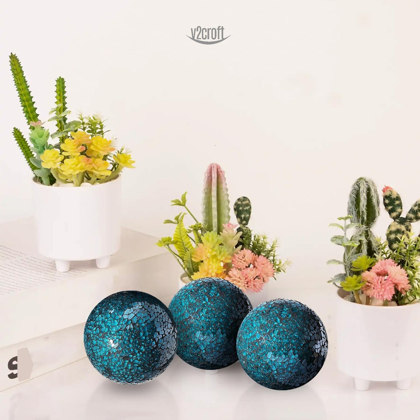 4in Decorative Mosaic Sphere Orbs Set of 3, Glass Balls for Whole Housewares,Wedding/Birthday,Bowls,Vases Dining Table Centerpieces(Silver,Black,Blue)