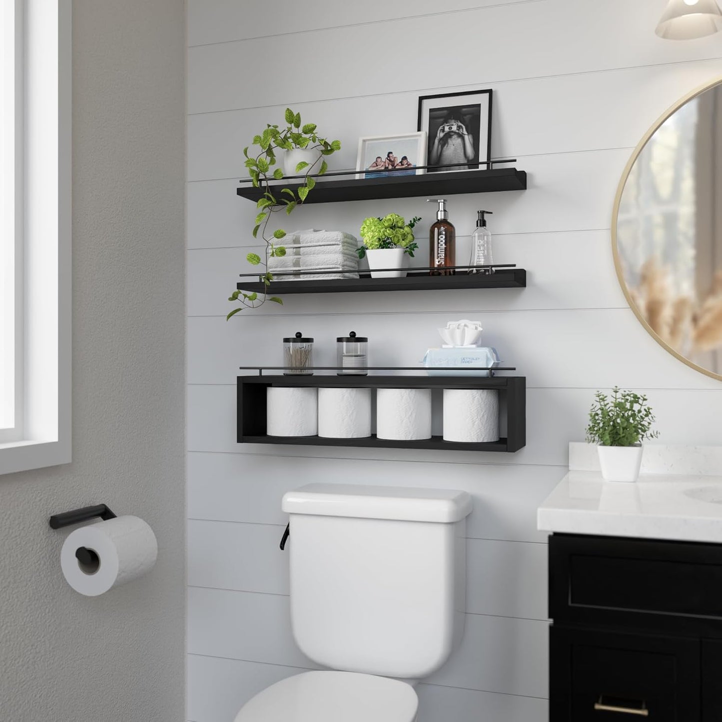 WOPITUES Floating Shelves for Wall with Cube Shelf, Wall Shelves with Metal Rail for Bathroom Decor, Bathroom Organizers and Storage, Over Toilet Shelves for Toilet Paper-Black