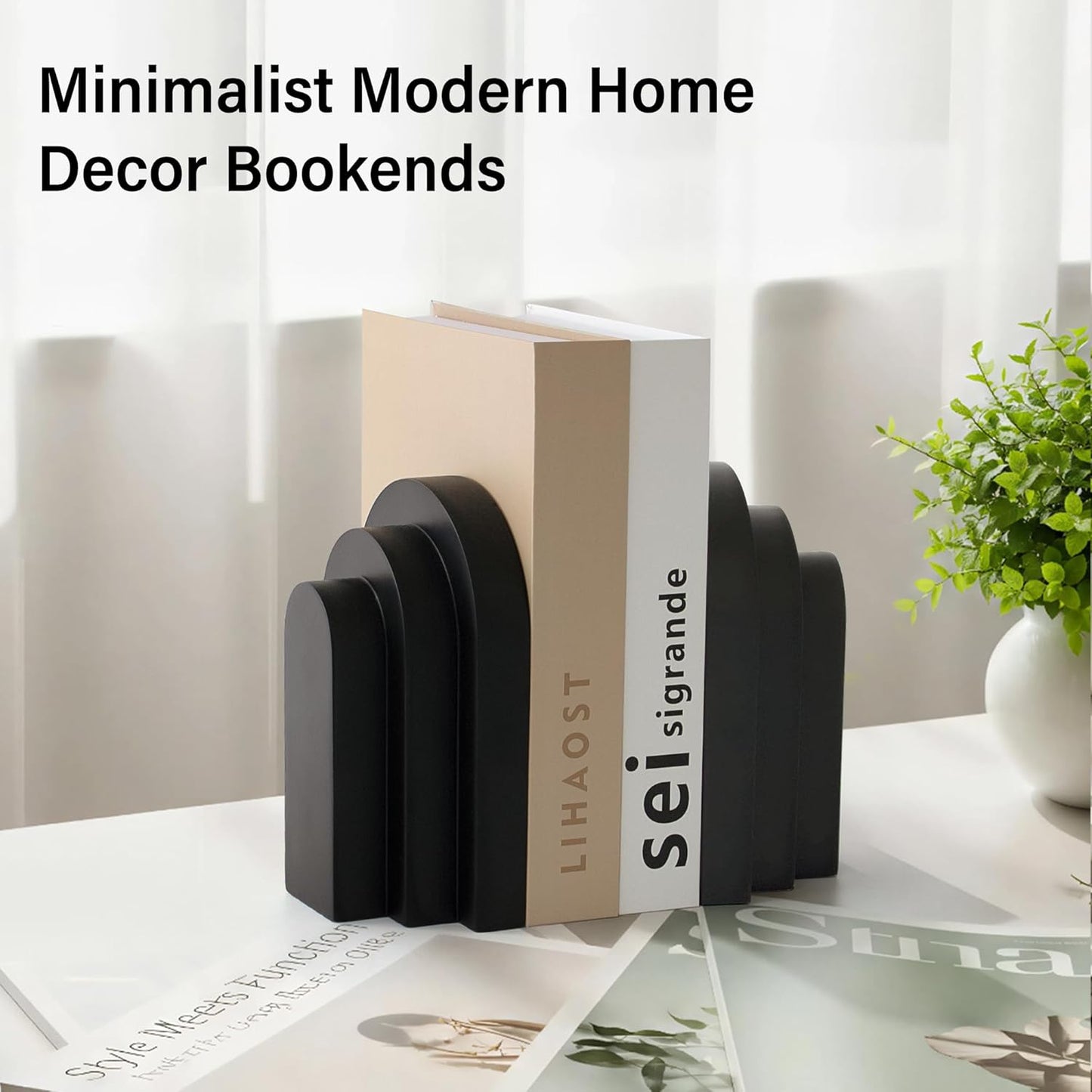 LIN CHUAN Heavy Duty Bookends for Shelves, 6.6 LBS Heavy Book Ends for Heavy Books, Decorative Modern Bookends with Faux Sandstone Look, Layered Arch Book Stopper for Bookshelf Holder Set of 2, Beige