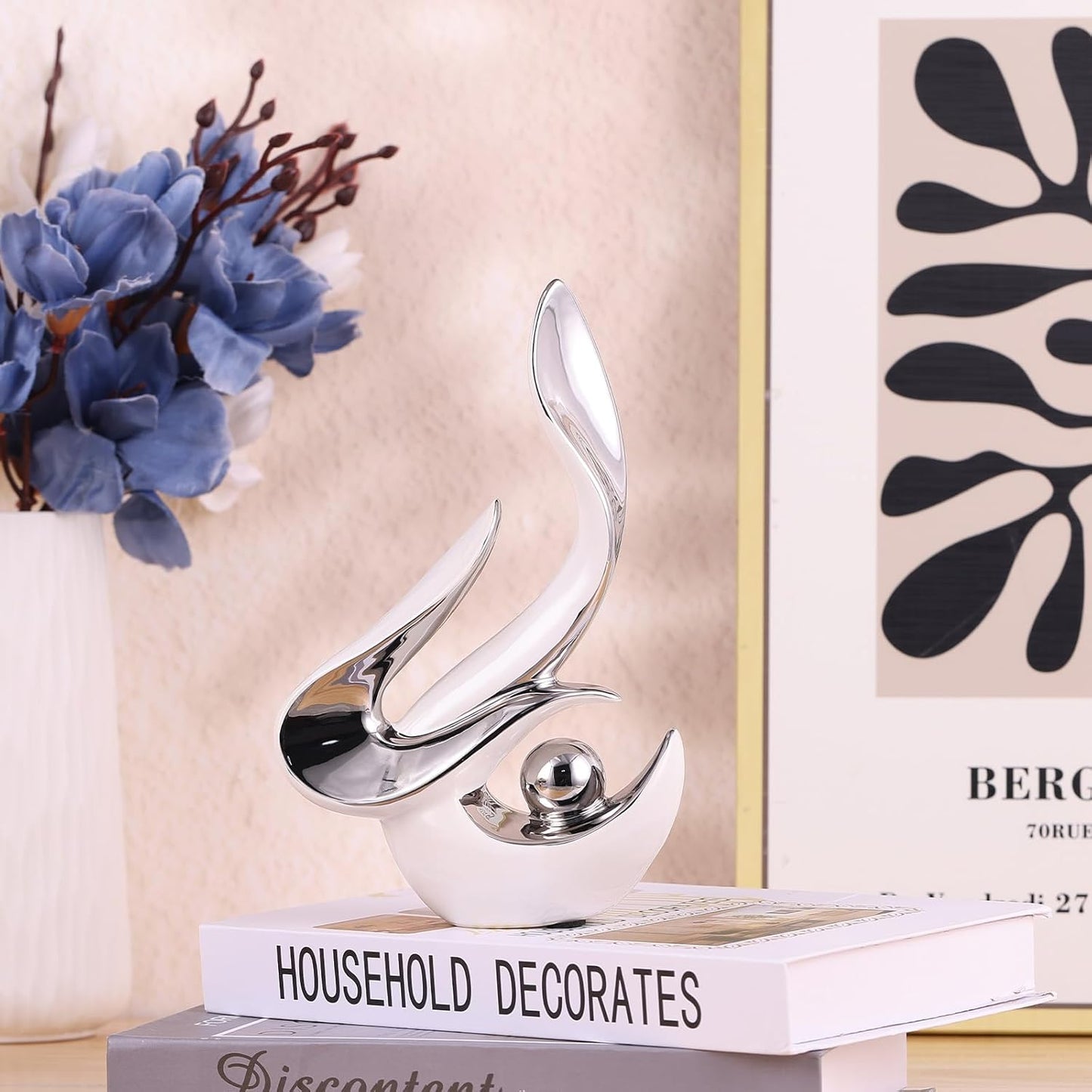 Silver Living Room Decor Table,Sculptures Home Decor,Modern Abstract Art,Dinner Table Centerpiece Decor,Ceramic Statue and Figurines Decorations Accent,Adorno Para Mesa Comedor(White Silver)