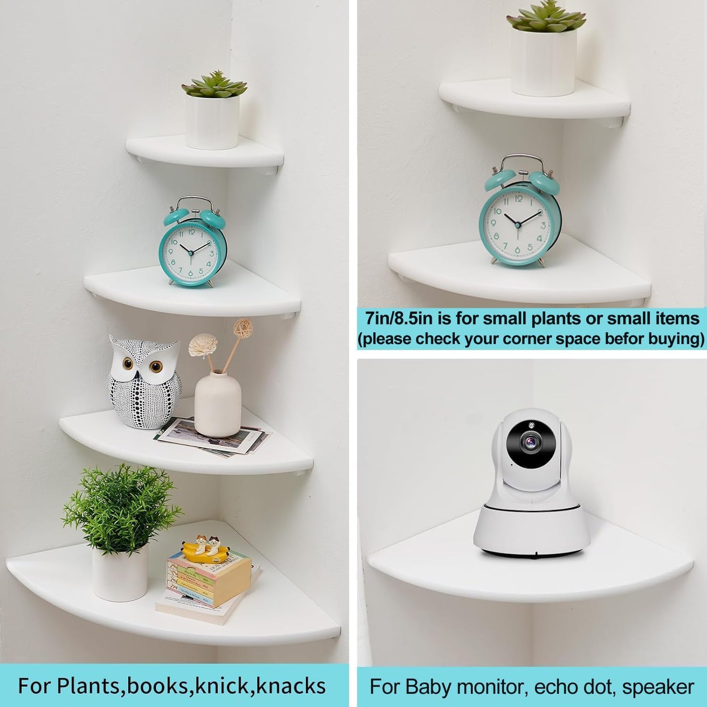 Corner Shelves, Floating Corner Shelf, Set of 2 7inch Solid Oak Wood Wall Shelves, Round End Wall Mount with Wire Hole Shelving for Small Plant for Bedroom Kitchen, Living Room