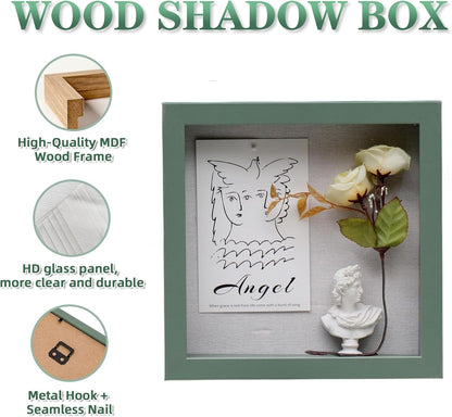Muzilife 8x8 Shadow Box Picture Frame with Linen Board - Deep Wood & Glass Display Case Ready to Hang Memory Box Baby Sports Memorabilia, Pins, Awards, Medals, Wedding, Tickets and Photos (Black)