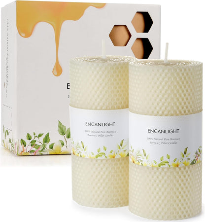 White Roll 2packs Bee swaxs Pillar Candles,Honeycamb Pillar Candle Set of 2 - Dripless and Smokeless,Approx 30 Hours Hurn for Home Decor,Party Wedding, Dinner