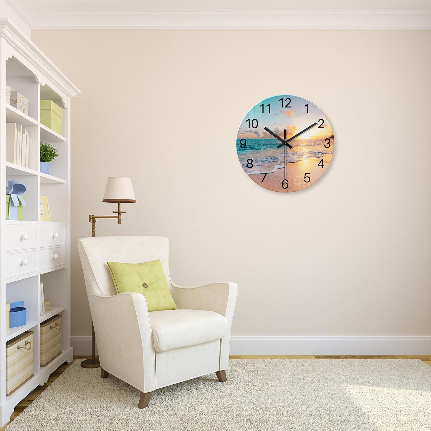 Beach Wall Clock Battery Operated 12 Inch Glass Wall Clock Non Ticking Analog Blue Wall Clocks for Bedroom Living Room Office Decor