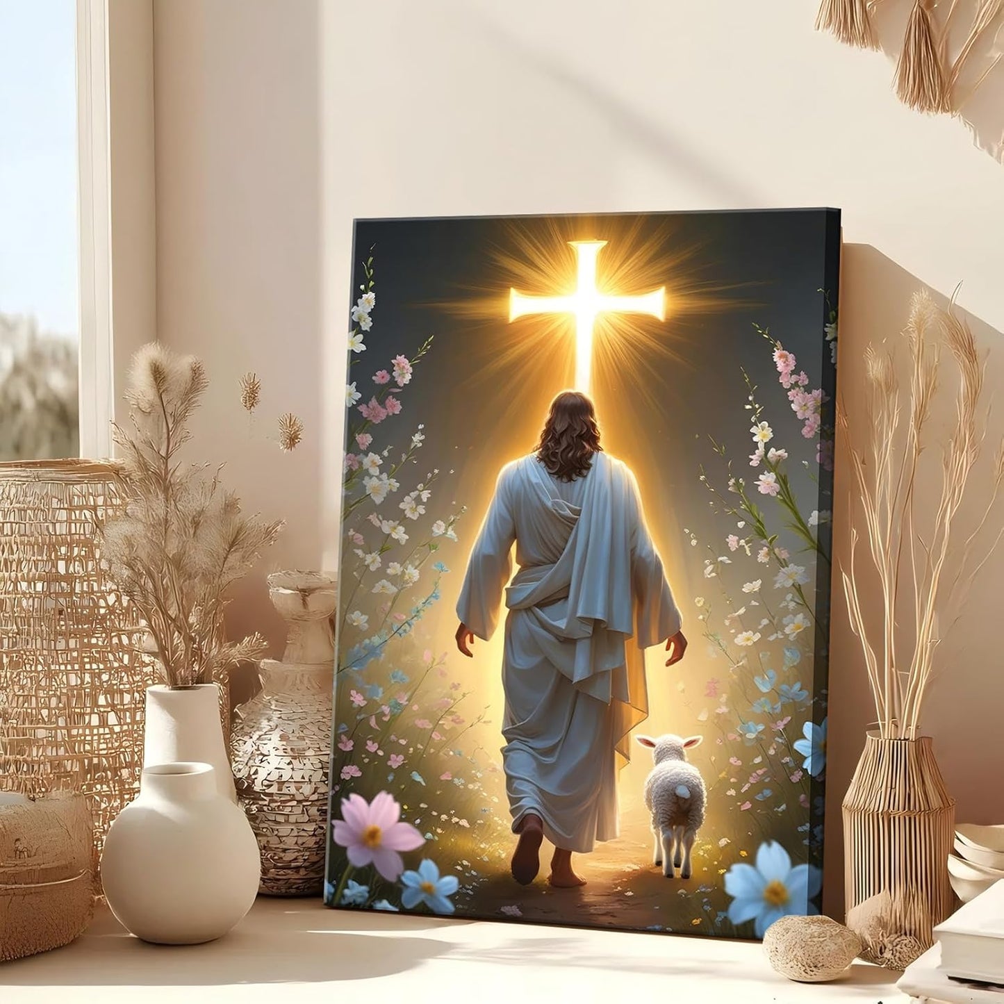 Abstract Jesus Walking on Water Canvas Wall Art Christian Spiritual Wall Decor Pictures Divine Light Modern Religious Posters Prints for Living Room Bedroom Church Decoration 12x16in