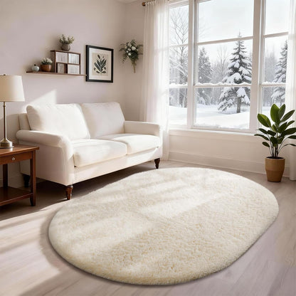 Ophanie Round Rugs 5Ft Ivory Circle Area Rug, Nursery Room Decor, Christmas Aesthetic Bedroom Home Circular Carpet 5 Foot, Fluffy Fuzzy Shag Plush Cream Living Room Rugs for Kids Boys Girls Teen Baby