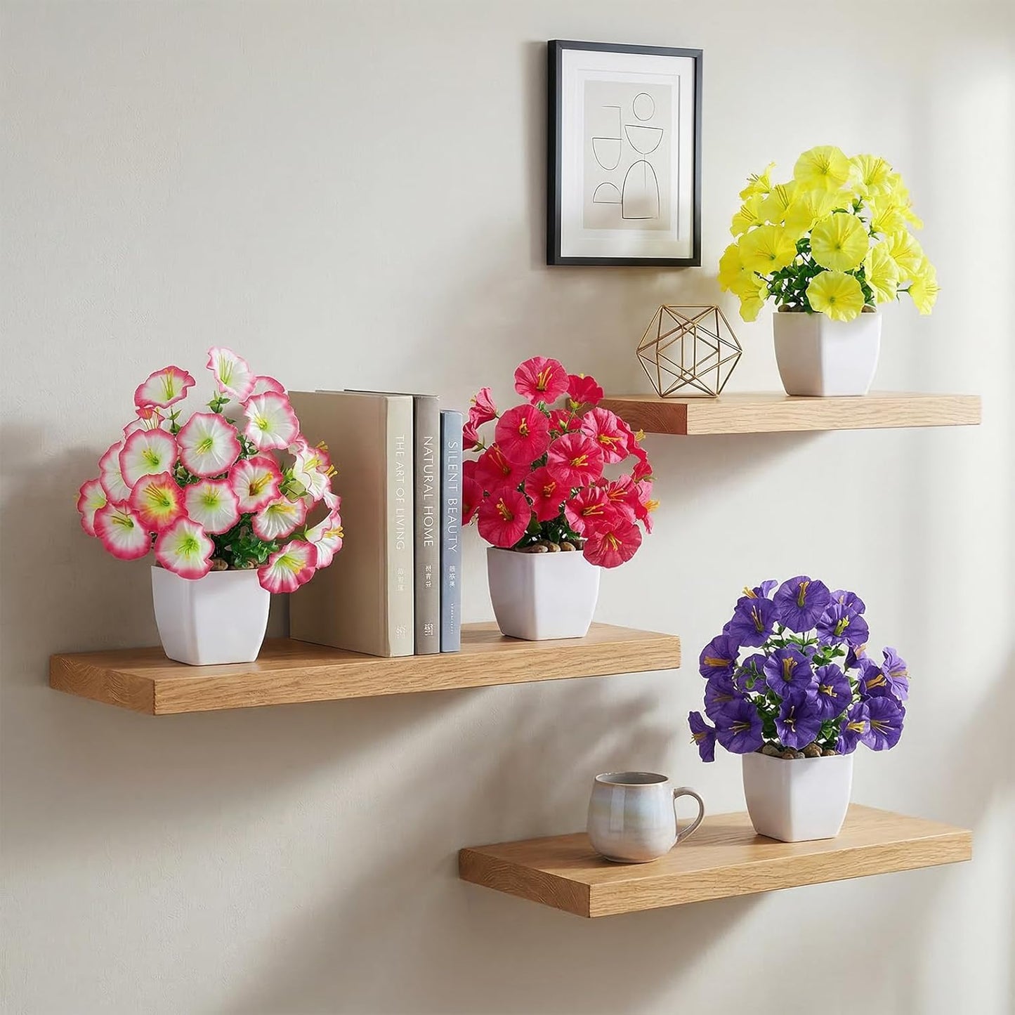 LOYWREE 4 Pack Small Artificial Mums Flowers in White Pots, Fake Mini Potted Plants, Spring Floral Decor for Home Bathroom Shelves Office Desk Table Centerpiece Indoor Decoration