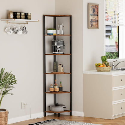 Furnulem 6 Tier Corner Shelf with LED Light, 67.5” Tall Standing Shelf Organizer, Black Narrow Bookshelf with Storage Rack for Wall Corner, Living Room, Bedroom, Metal Frame, Wood Display Shelf