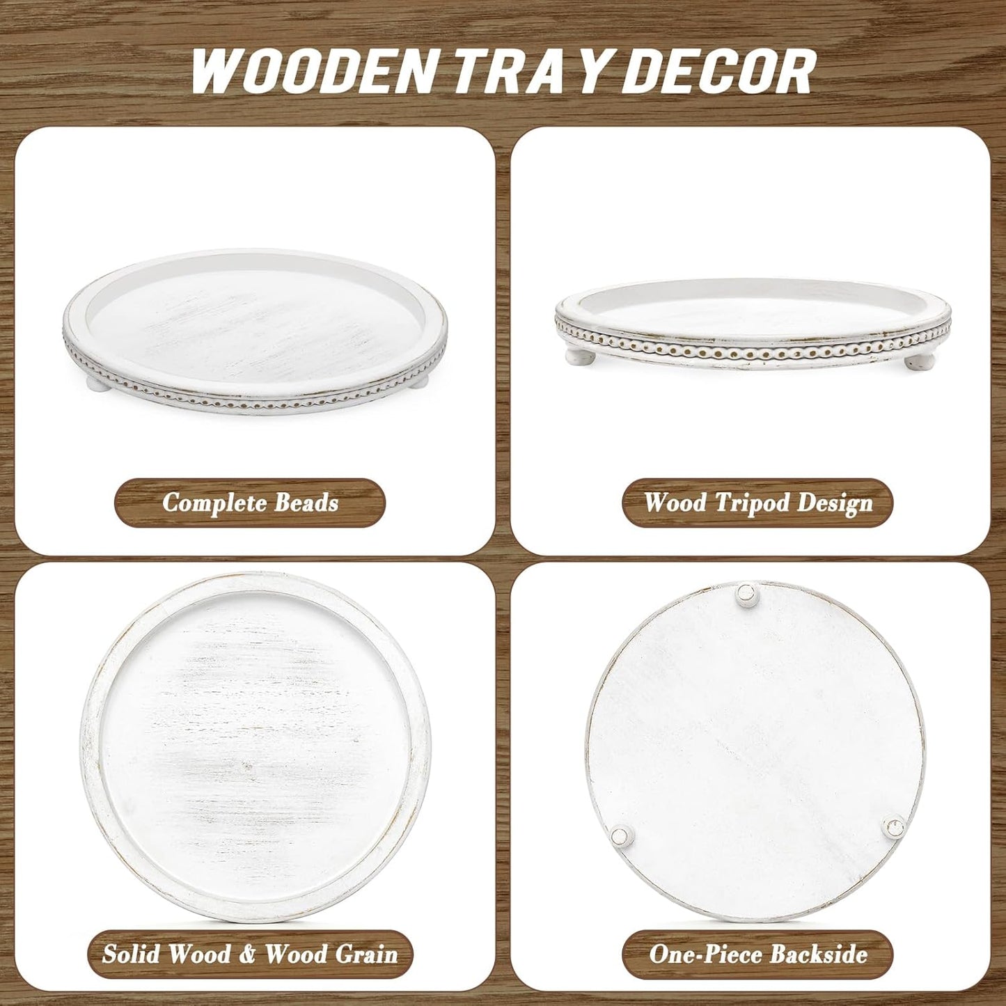 KULEDM Handmade Wooden Decorative Tray, Small Beaded Coffee Table Tray Decor, Sage Round Serving Tray for Coffee Table, Dining Room Table Entryway and Living Room Table