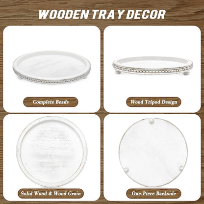 KULEDM Handmade Wooden Decorative Tray, Small Beaded Coffee Table Tray Decor, Sage Round Serving Tray for Coffee Table, Dining Room Table Entryway and Living Room Table