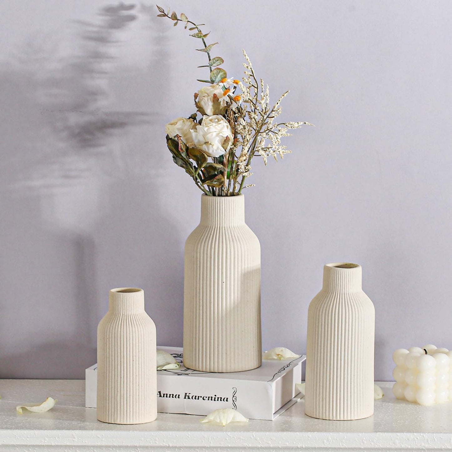 Bohemian White Ceramic Vase - for Pampas Grass, Mantel, Bookshelf, Entryway and Living Room Decor (White, 7in)
