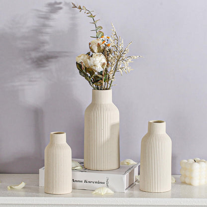 Bohemian White Ceramic Vase - for Pampas Grass, Mantel, Bookshelf, Entryway and Living Room Decor (White, 7in)