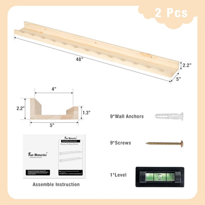 Fun Memories Picture Ledge Shelf for Wall, 24 inch Pine Wood Nursery Book Shelves Set of 2- Wall Book Shelves for Kids Room, Home Decor - Kitchen Spice-White
