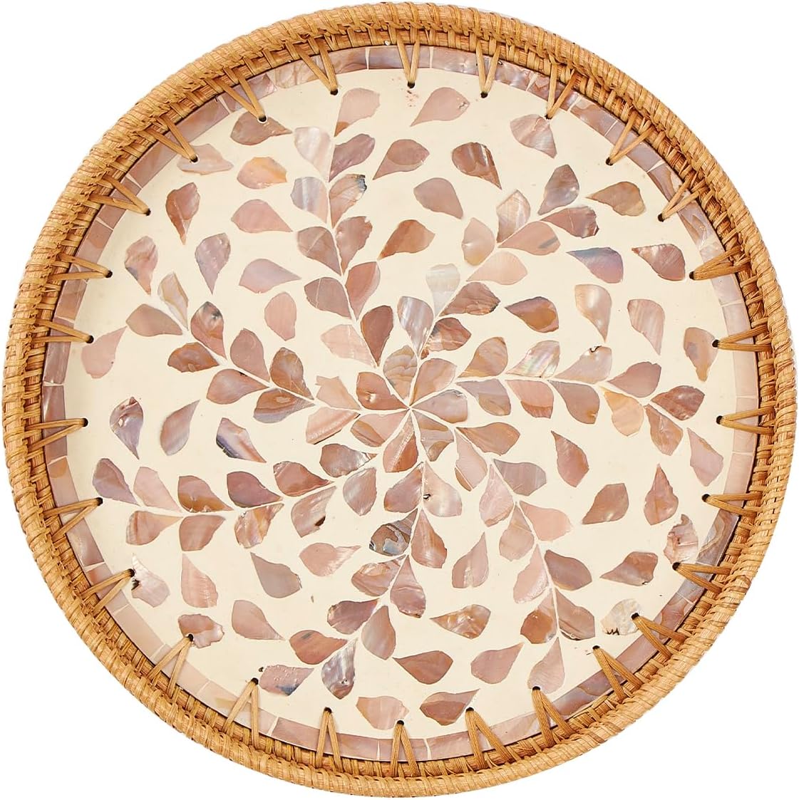 Round Rattan Tray with Mother of Pearl Inlay, Rattan Serving Tray with Wooden Base, Decorative Wicker Basket for Table Decor, Storage and Display of Coffee Bread Food Fruit (Leaf)