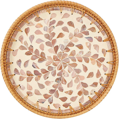 Round Rattan Tray with Mother of Pearl Inlay, Rattan Serving Tray with Wooden Base, Decorative Wicker Basket for Table Decor, Storage and Display of Coffee Bread Food Fruit (Leaf)