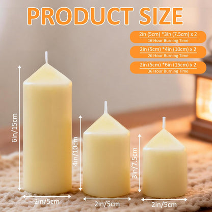 18 Pcs Ivory Pillar Candles Bulk Set，3 Different Lengths 2 x 3/4/6 Inch (6 Each)，Hurricane Candles，Dripless Unscented Smokeless，Gives You a Better Atmosphere When Organizing an Event Party.