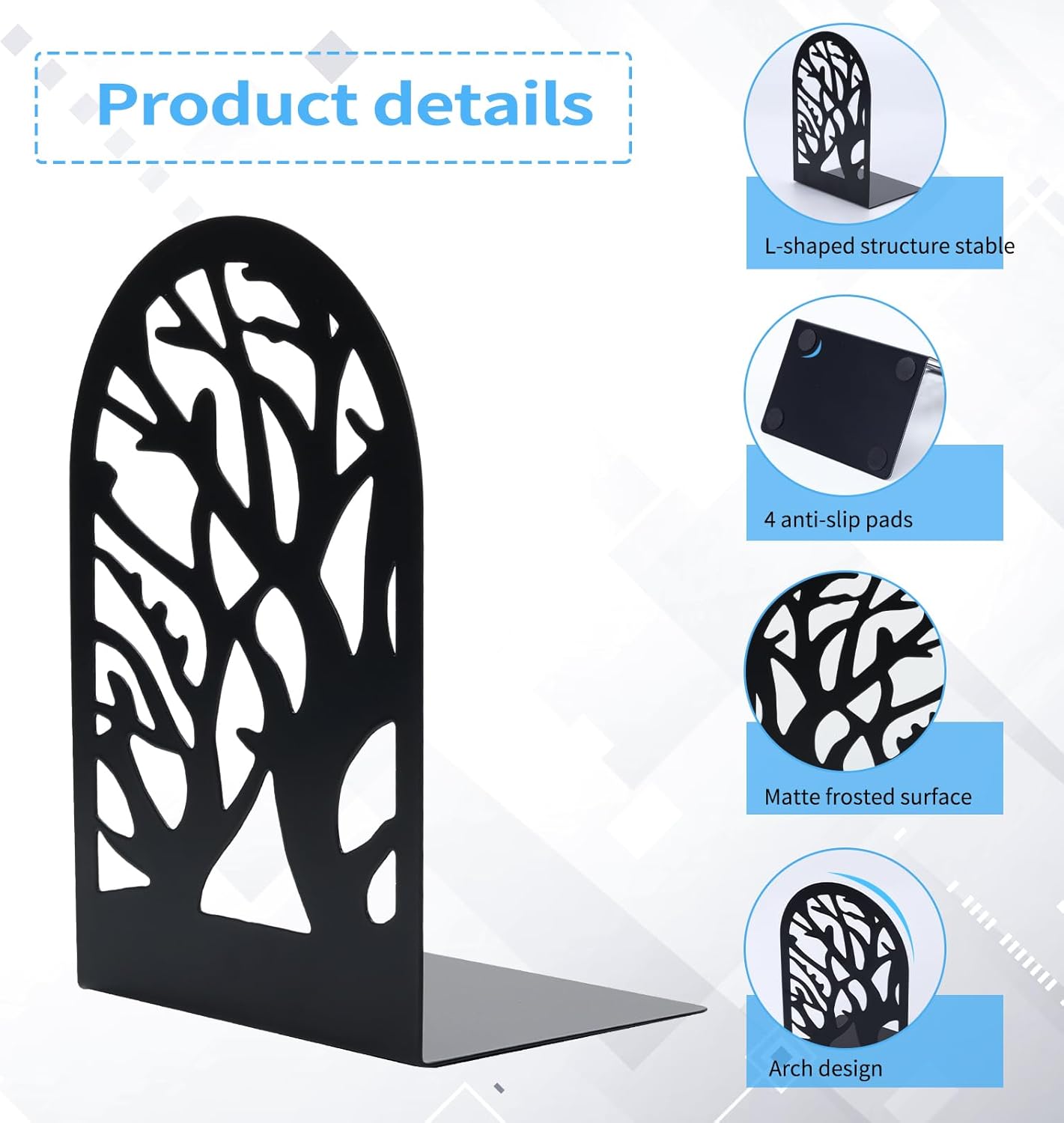 EOOUT Bookends for Shelves Decorative, 5 Pairs of Tree Bookends Supports, Black Metal Book Stoppers for Heavy Books, Heavy Duty Book Ends for Home Office School.
