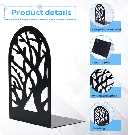 EOOUT Bookends for Shelves Decorative, 5 Pairs of Tree Bookends Supports, Black Metal Book Stoppers for Heavy Books, Heavy Duty Book Ends for Home Office School.