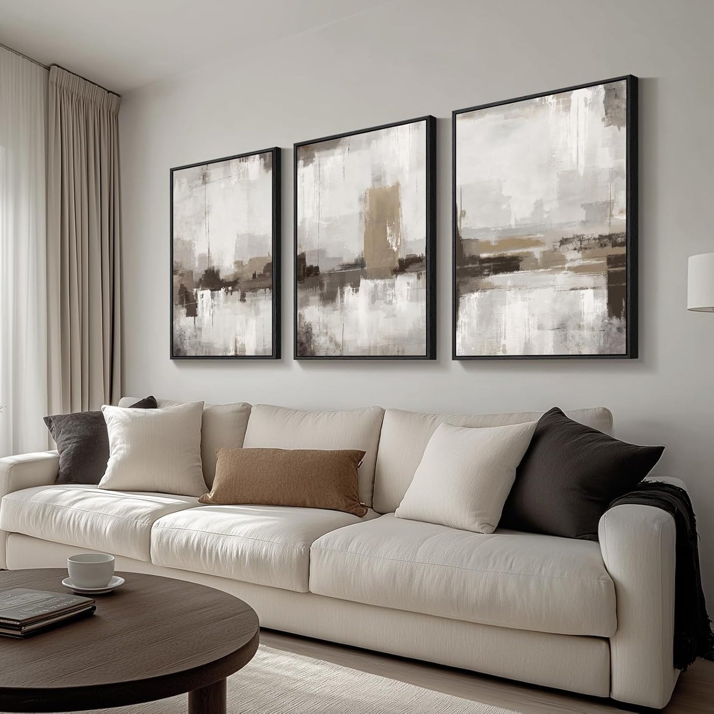 Large Framed Neutral Abstract Wall Art for Living Room, 3 Piece Modern Canvas Prints Paintings Artwork for Walls, Black and Beige Pictures for Living Room Hallway Stair Office Wall Decor 24x36 Inch