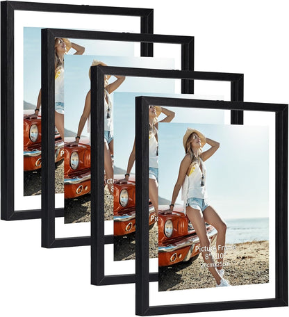 Trwcrt 4x6 Floating Picture Frames Set of 4, Double Glass Photo Frame Display up to 6 x 8 Photos for Desktop or Wall Hanging, Black